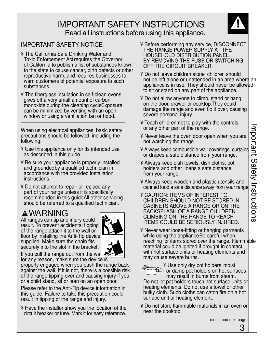 GE JSP28, JSP34, JSP26, JSP31 manual Important Safety Instructions 