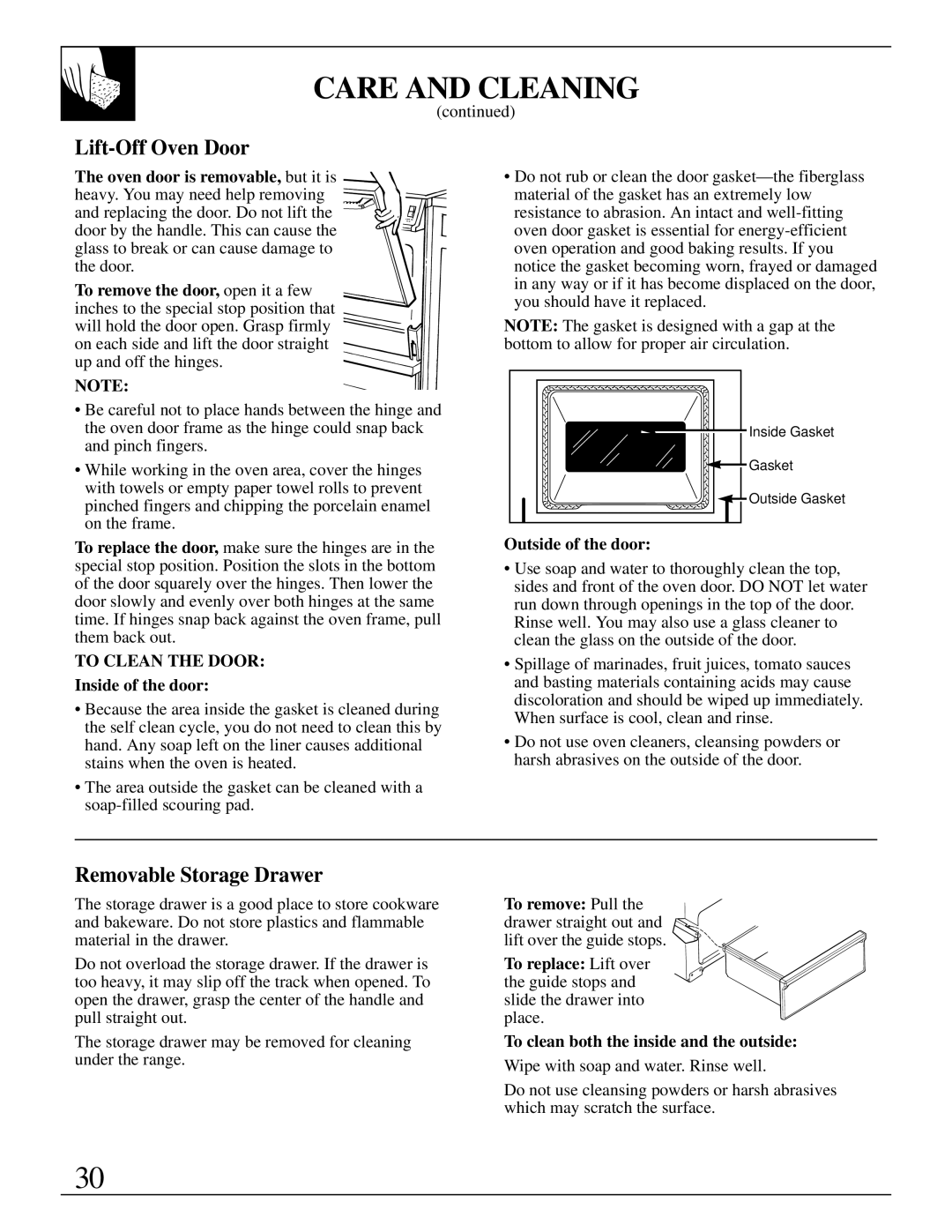 GE JSP31, JSP34, JSP26, JSP28 manual Lift-Off Oven Door, Removable Storage Drawer, Inside of the door, Outside of the door 