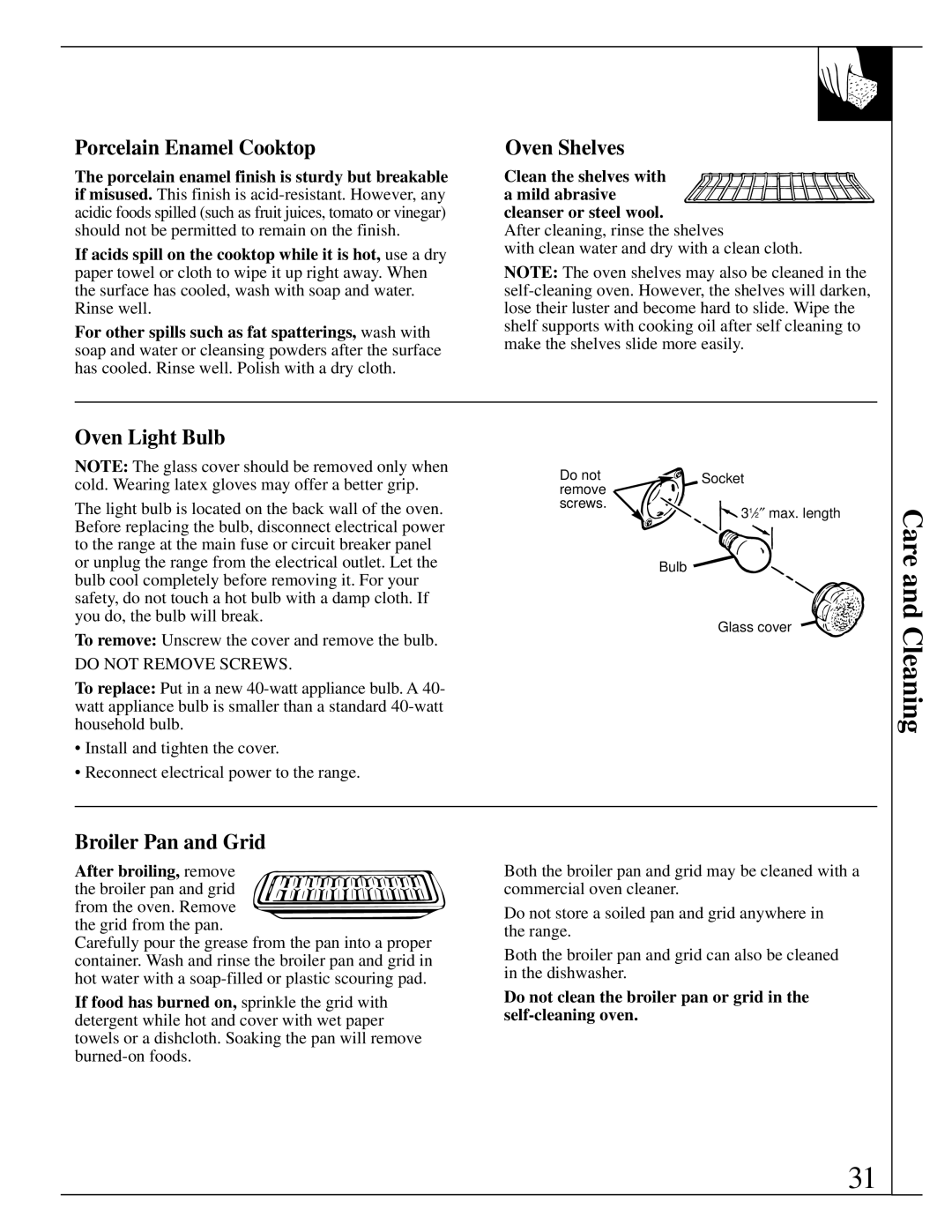 GE JSP28, JSP34, JSP26, JSP31 manual Porcelain Enamel Cooktop, Oven Light Bulb, Broiler Pan and Grid 