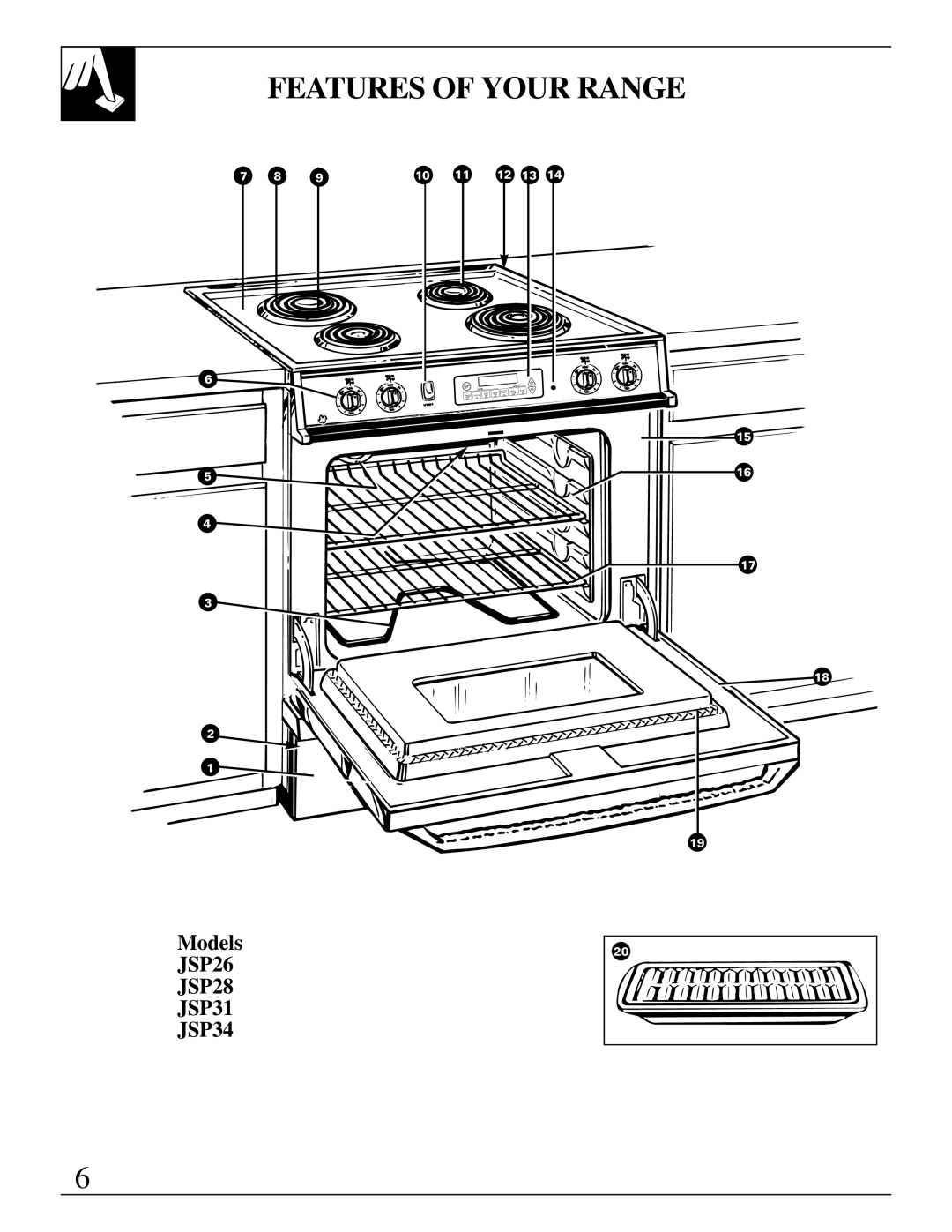 GE manual Features of Your Range, Models JSP26 JSP28 JSP31 JSP34 