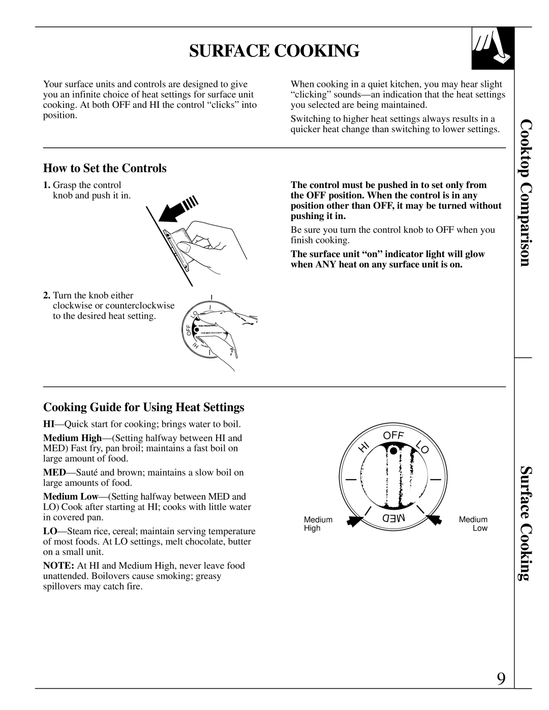 GE JSP26, JSP34, JSP31, JSP28 Surface Cooking, Comparison, How to Set the Controls, Cooking Guide for Using Heat Settings 