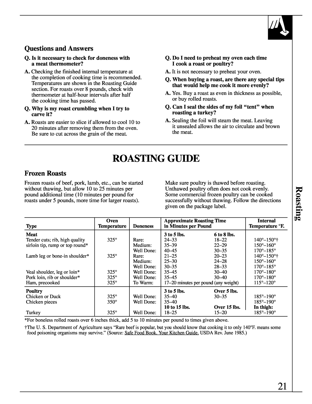 GE JSP26, JSP34 Roasting Guide, Questions and Answers, Frozen Roasts, Q. Why is my roast crumbling when I try to carve it? 