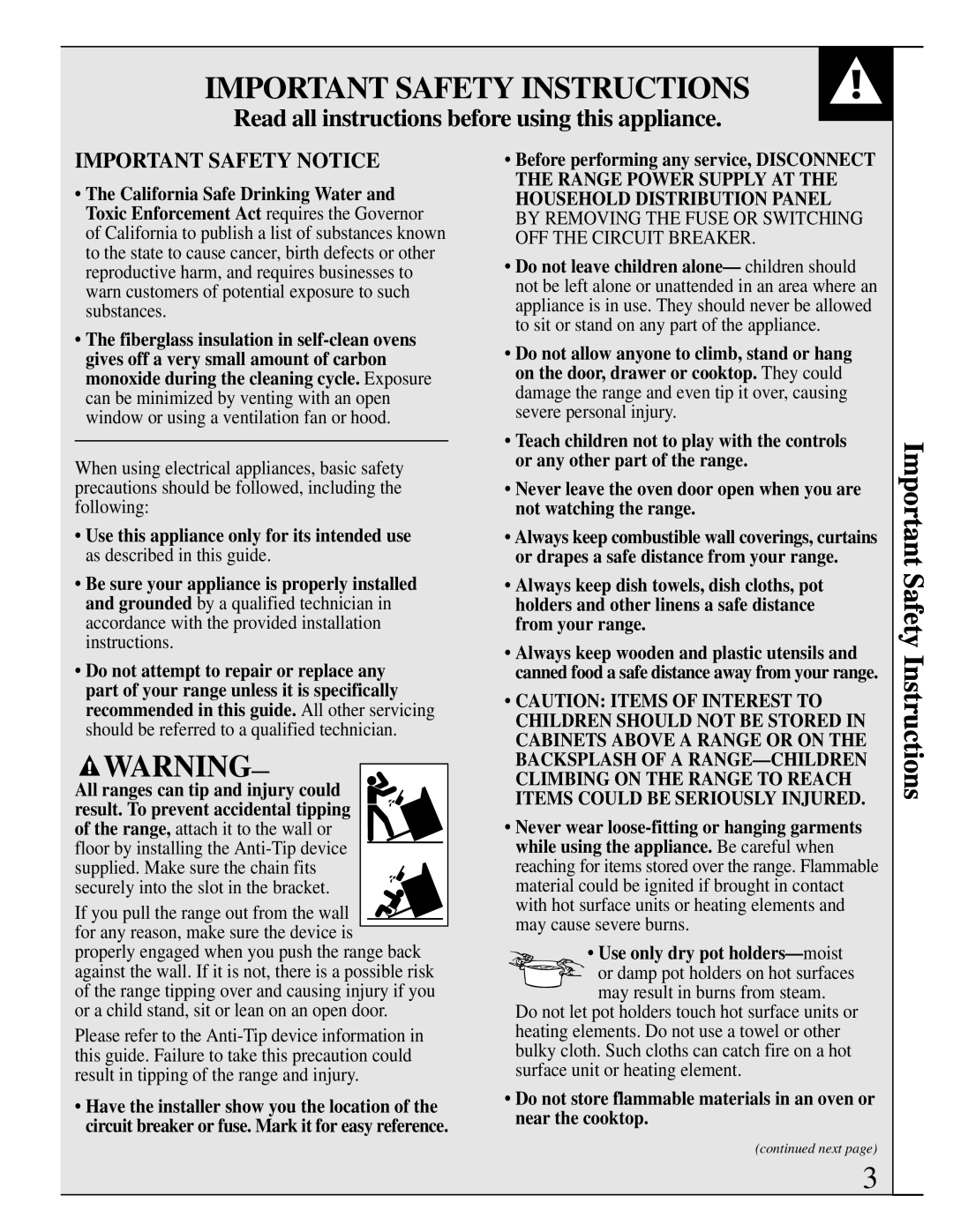 GE JSP28, JSP34 Important Safety Instructions, Read all instructions before using this appliance, Important Safety Notice 