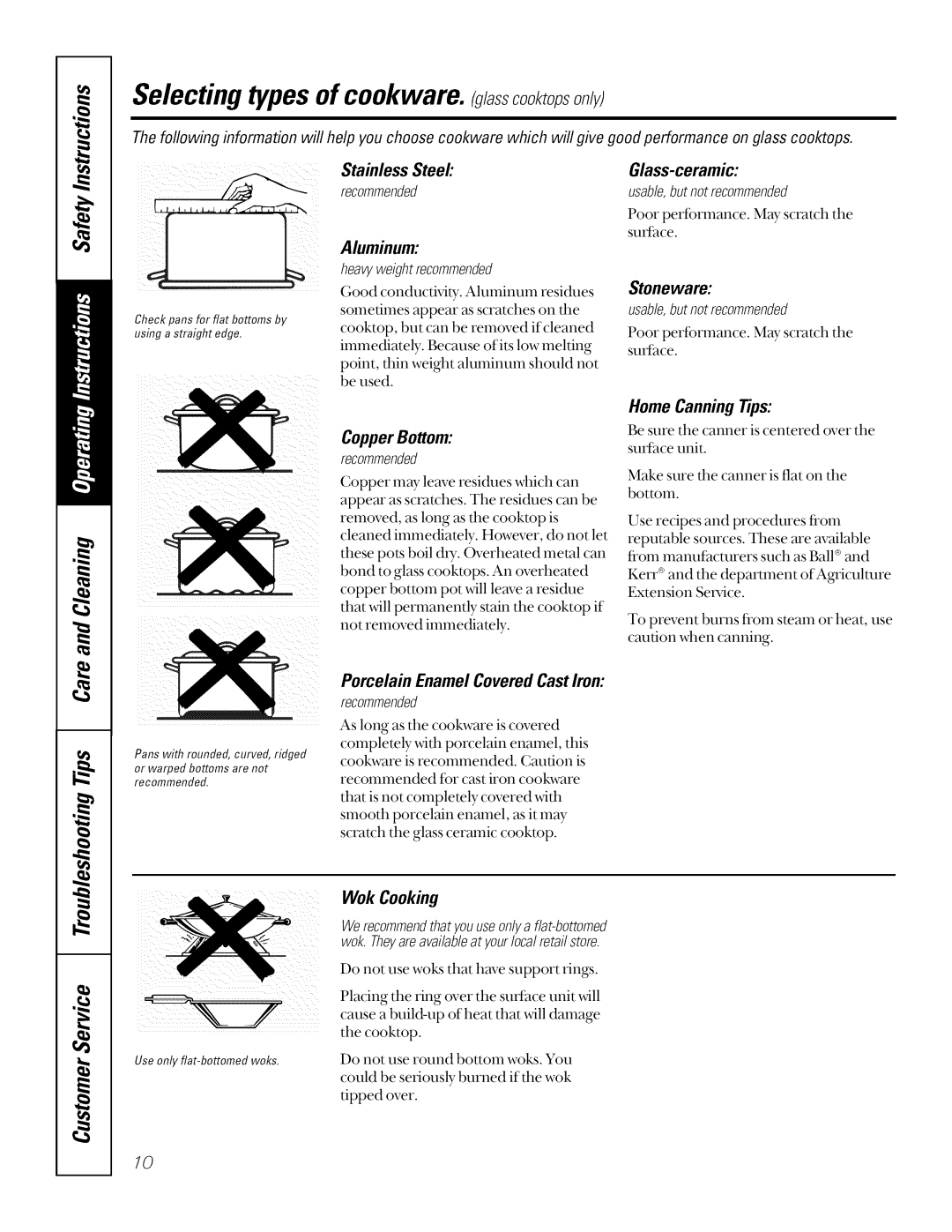 GE JSP26, JSP34, JSP40 manual Selecting types of cookware. g/assookto,s o,/y, CopperBottom, Home CanningTips 