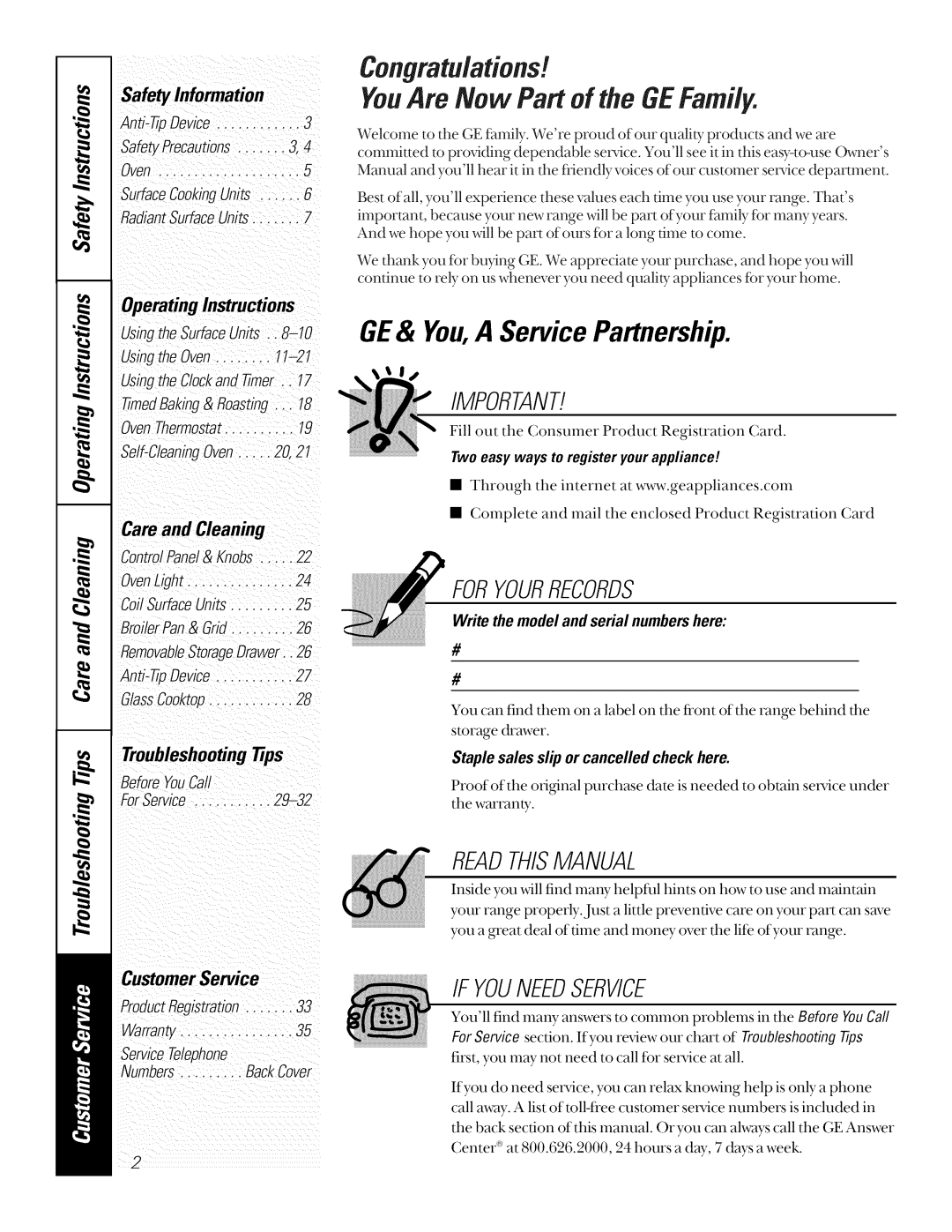 GE JSP40, JSP34, JSP26 manual GE& You,A Service Partnership, Safety Information, Care and Cleaning 