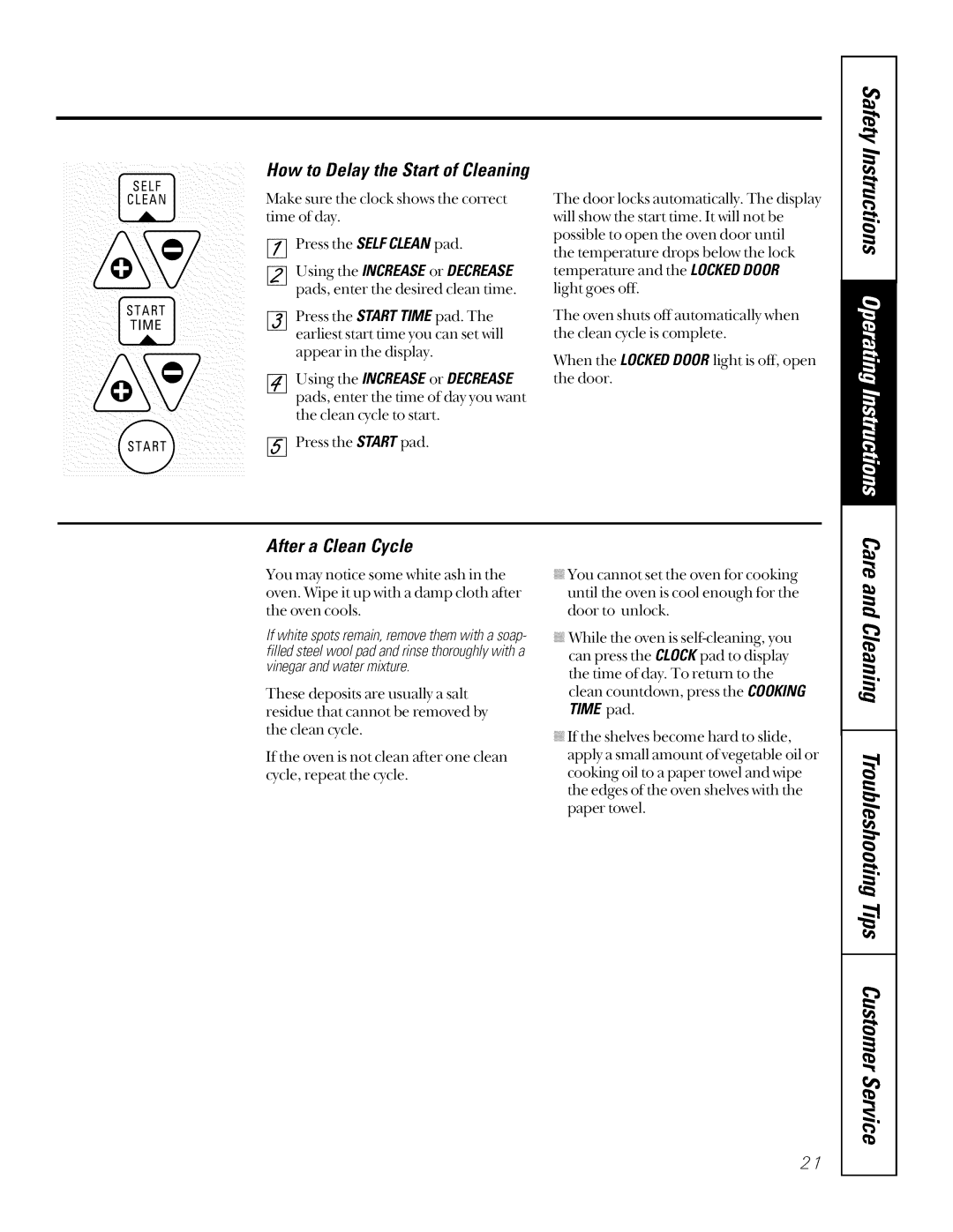 GE JSP34, JSP26, JSP40 How to Delay the Start of Cleaning, Using tile INCREASEor Decrease, After a Clean Cycle, Time pad 