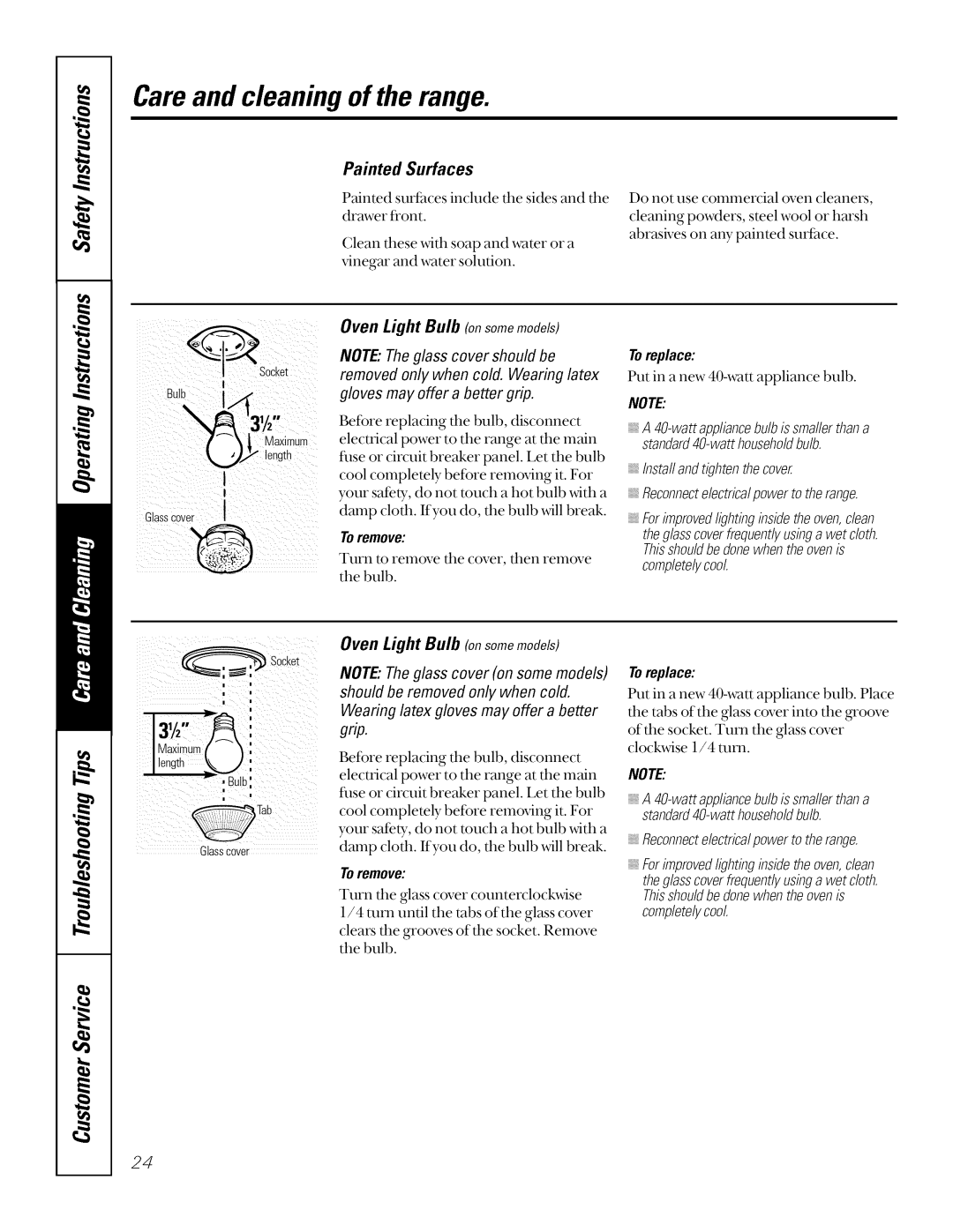 GE JSP34, JSP26, JSP40 manual Toreplace, Painted Surfaces, Oven Light Bulb onsomemodels, Completelycool, Toremove 
