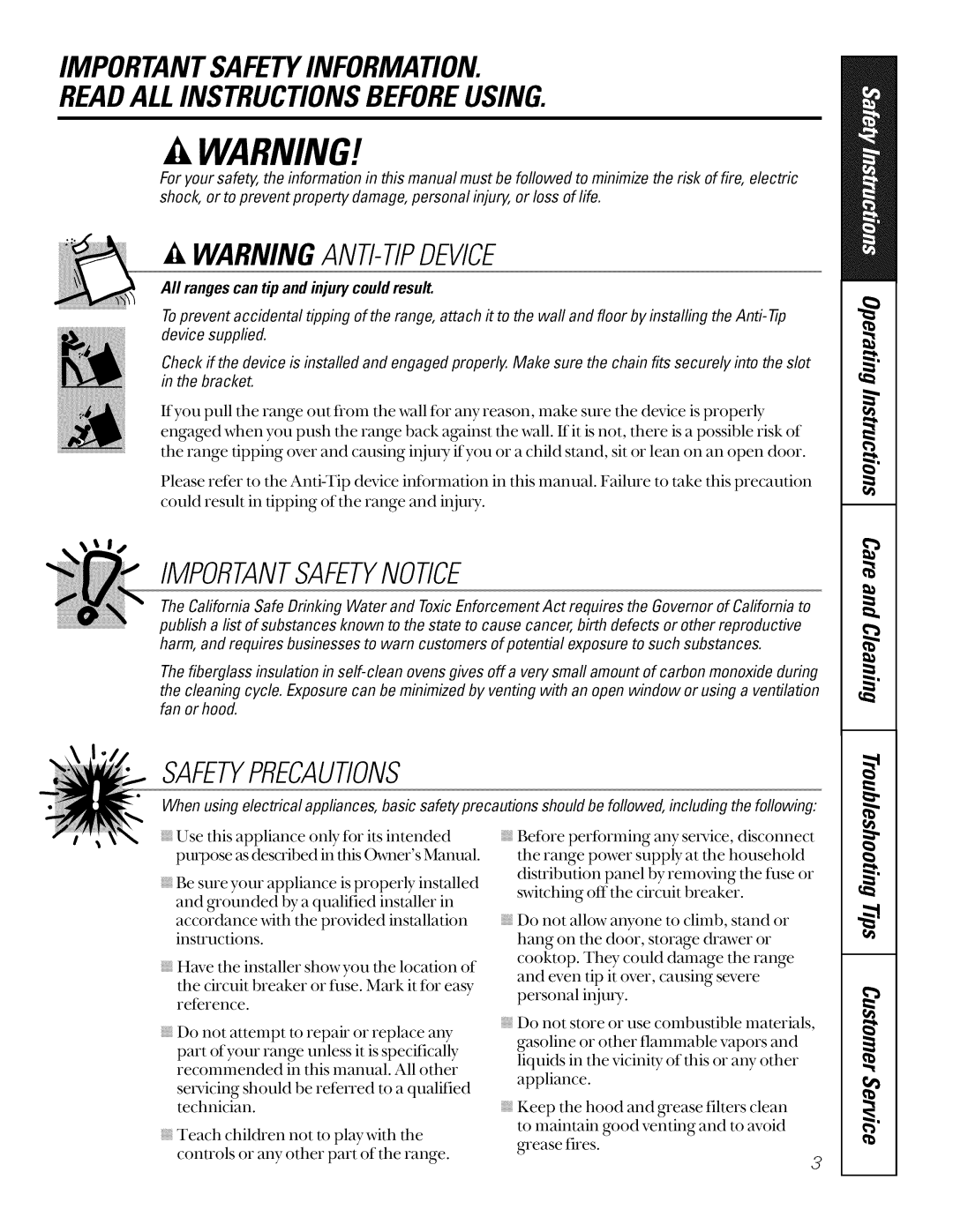 GE JSP34, JSP26 manual Importantsafetyinformation Readallinstructionsbeforeusing, All ranges can tip and injury could result 