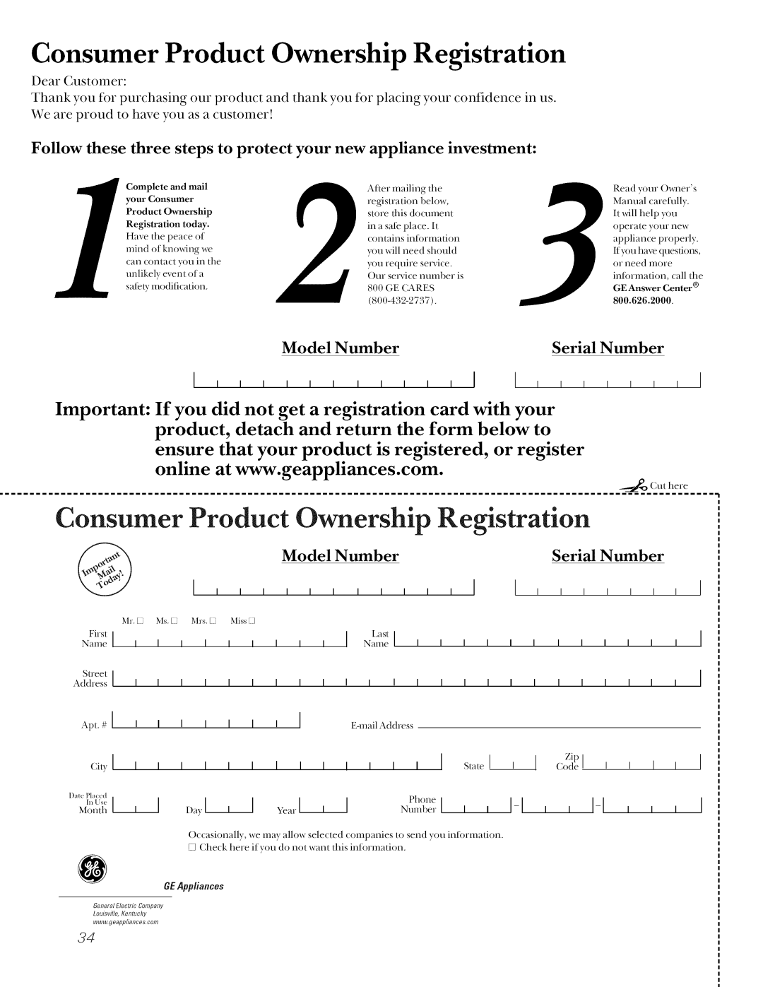 GE JSP26, JSP34, JSP40 manual Consumer Product Ownership Registration 