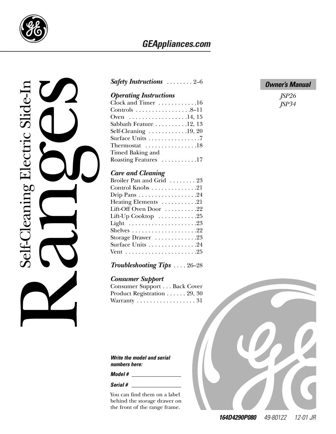 GE JSP26, JSP34 owner manual GEAppliances.com, Write the model and serial numbers here Model # Serial # 