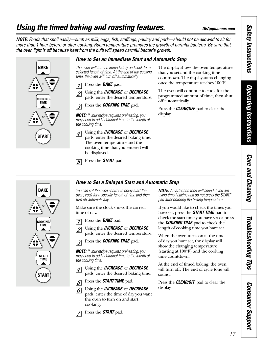 GE JSP26, JSP34 owner manual Using the timed baking and roasting features, How to Set an Immediate Start and Automatic Stop 