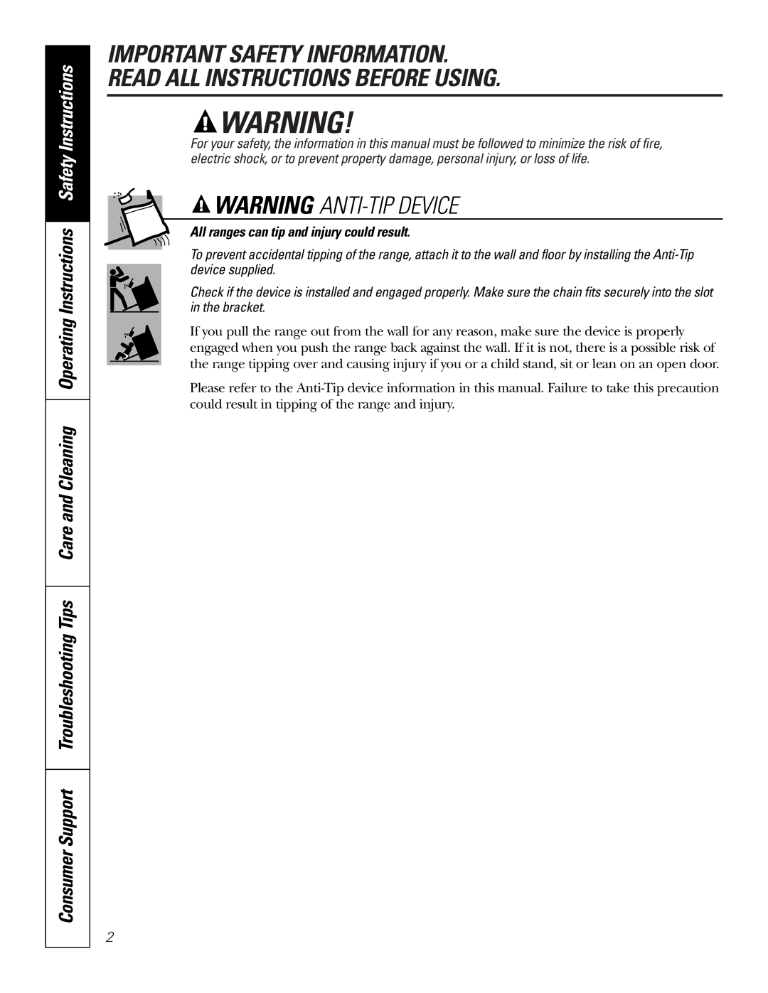 GE JSP34, JSP26 owner manual All ranges can tip and injury could result 