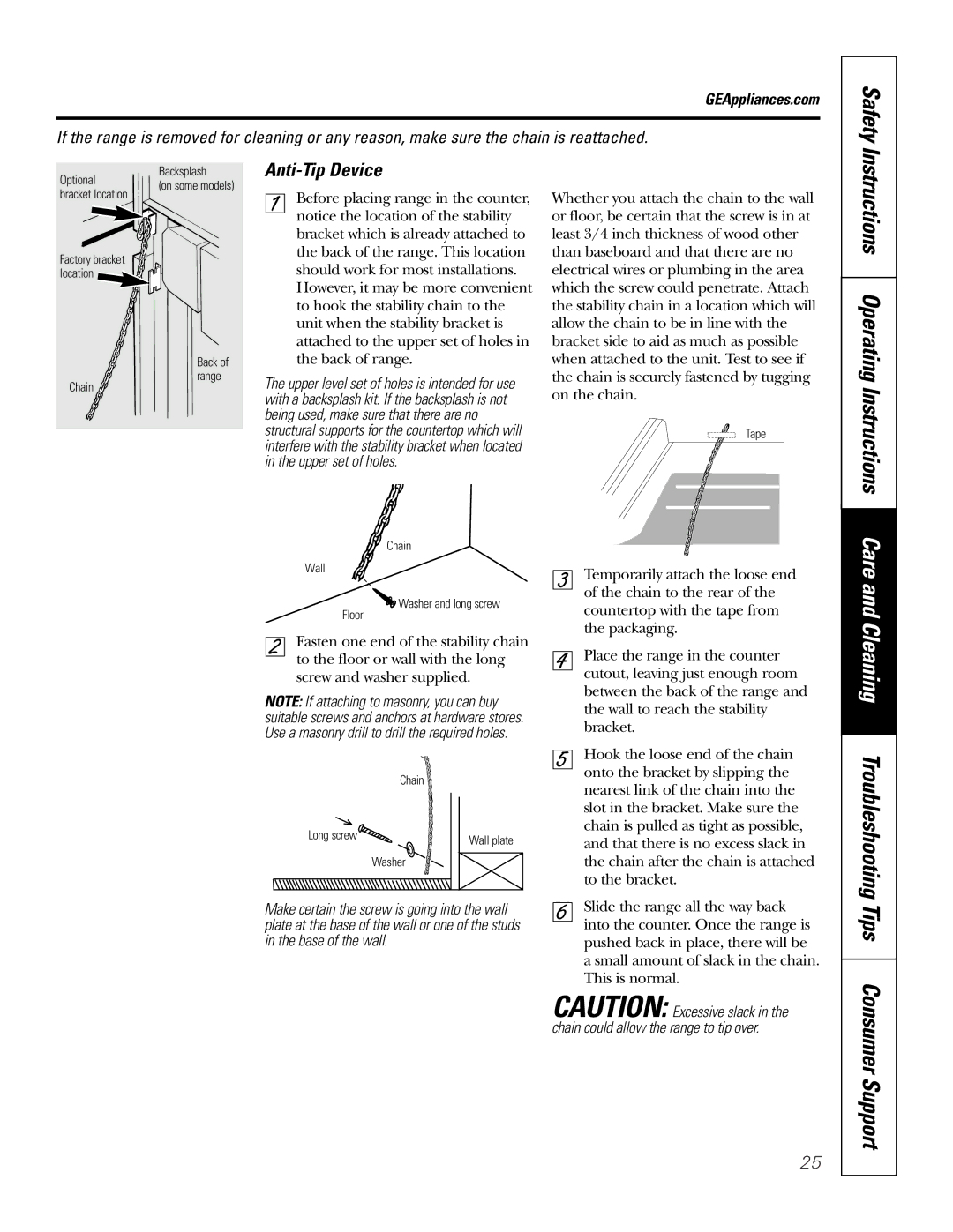 GE JSP26, JSP34 owner manual Safety, Anti-Tip Device 