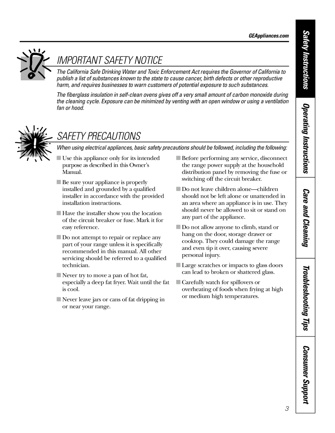 GE JSP26, JSP34 Care and Cleaning Troubleshooting Tips Consumer Support, Safety Instructions Operating Instructions 