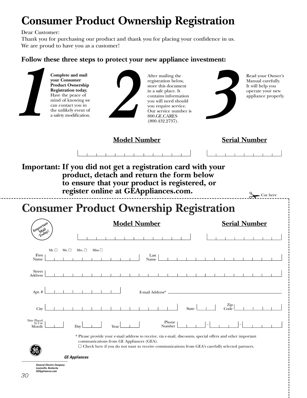 GE JSP34, JSP26 owner manual Consumer Product Ownership Registration 