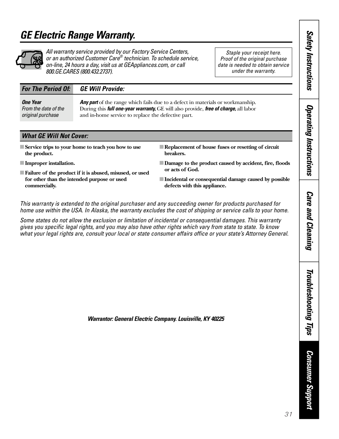 GE JSP26, JSP34 owner manual GE Electric Range Warranty, Cleaning Troubleshooting Tips Consumer Support, GE Will Provide 