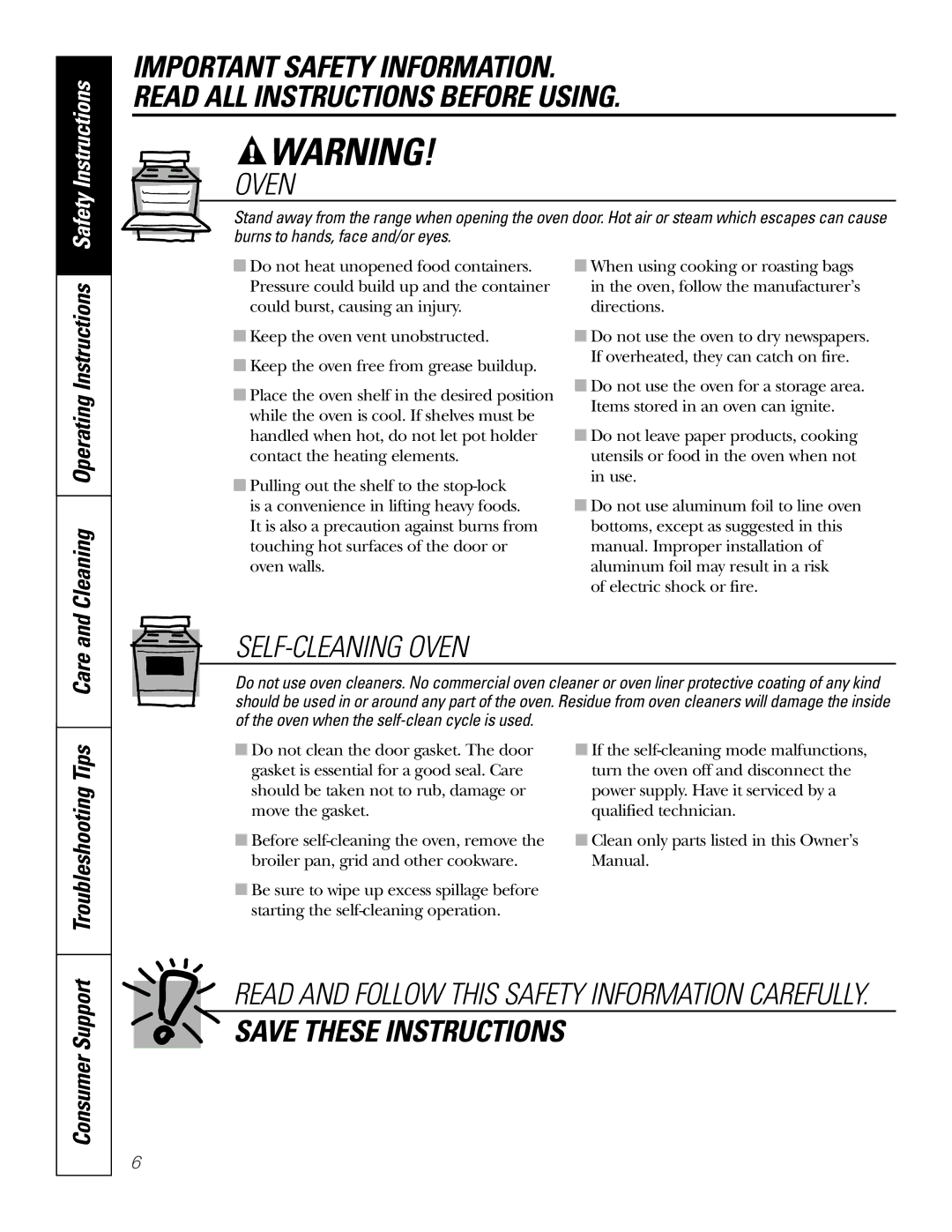 GE JSP34, JSP26 owner manual Care, Consumer Support, Cleaning Operating Instructions 