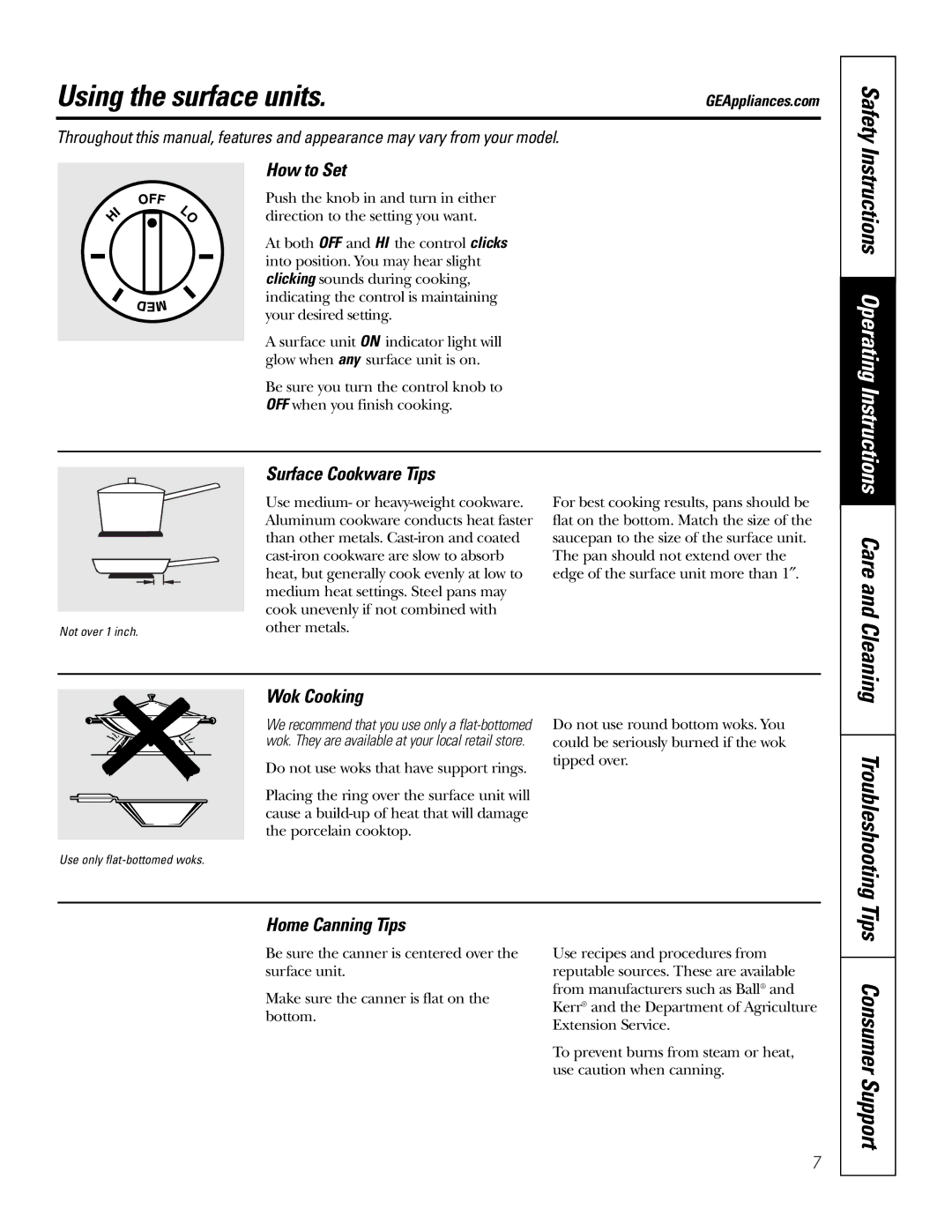 GE JSP26, JSP34 owner manual Using the surface units, Tips Consumer Support 