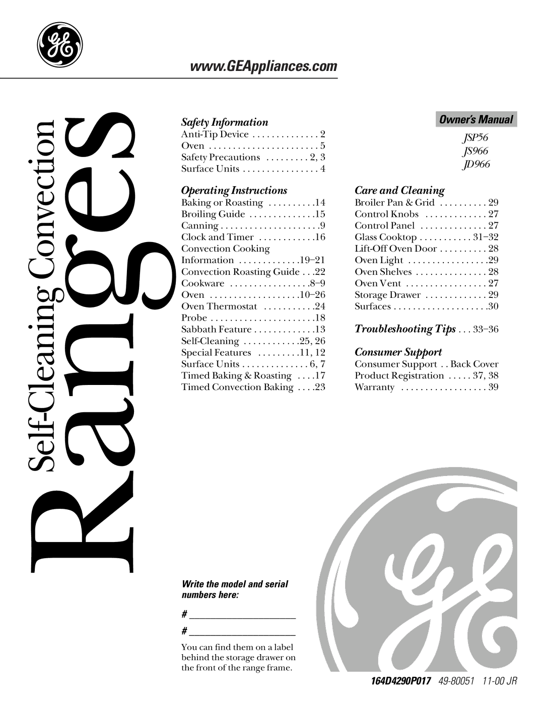 GE JD966, JSP36, JG966 owner manual RangesSelf-Cleaning Convection, Write the model and serial numbers here 