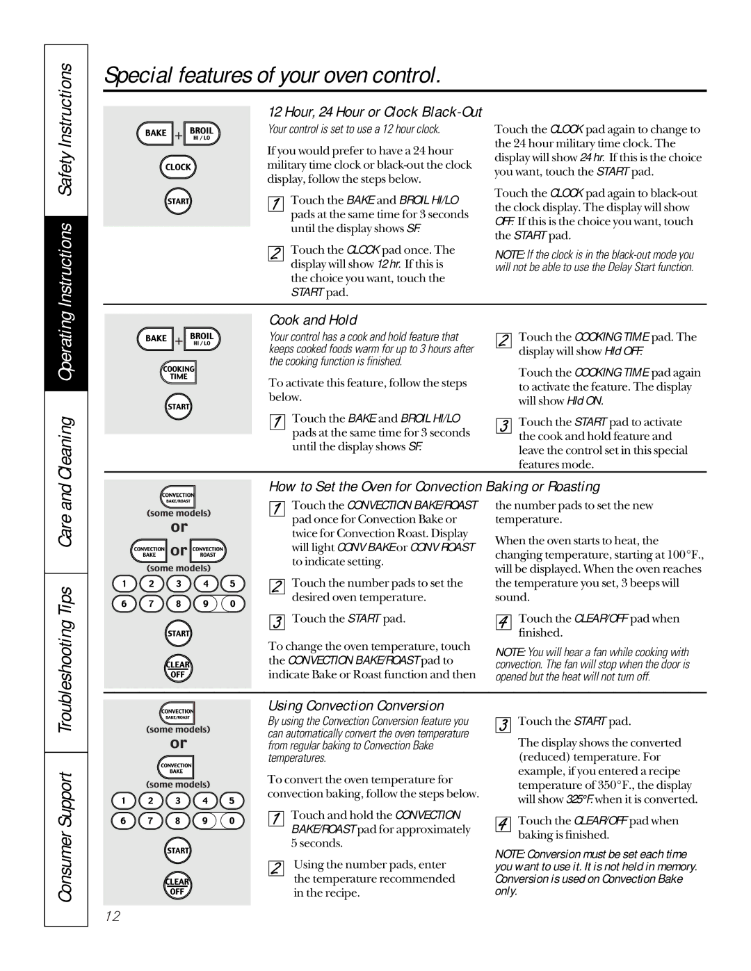 GE JSP36, JD966, JG966 owner manual Cook and Hold, Using Convection Conversion, Hour, 24 Hour or Clock Black-Out, Start pad 