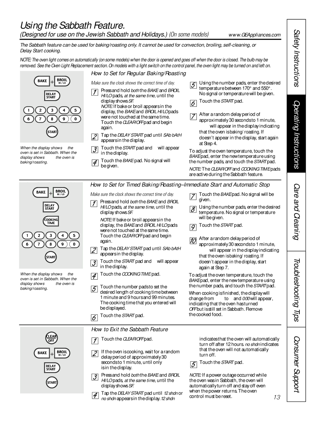 GE JD966, JSP36, JG966 Using the Sabbath Feature, Care and Cleaning Troubleshooting Tips, How to Exit the Sabbath Feature 