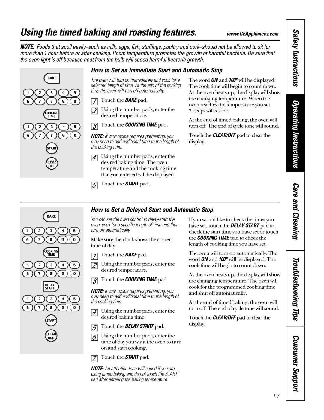 GE JG966 Cleaning Troubleshooting Tips Consumer, How to Set an Immediate Start and Automatic Stop, Safety Instructions 