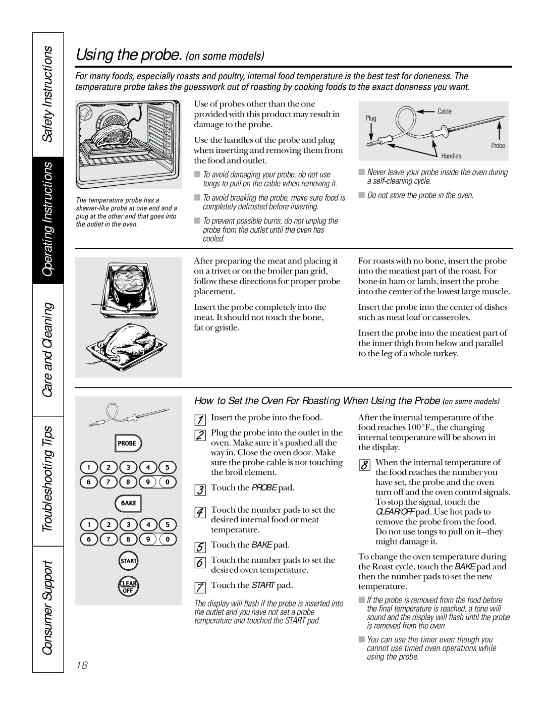 GE JSP36, JD966, JG966 owner manual Do not store the probe in the oven, Using the probe. on some models 