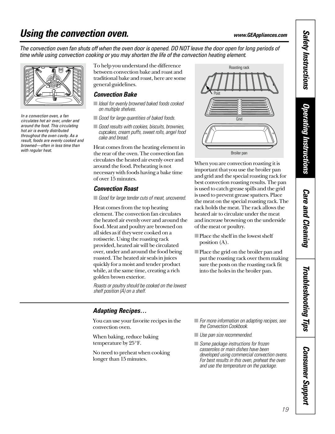 GE JD966, JSP36 Using the convection oven, Tips Consumer Support, Convection Bake, Convection Roast, Adapting Recipes… 