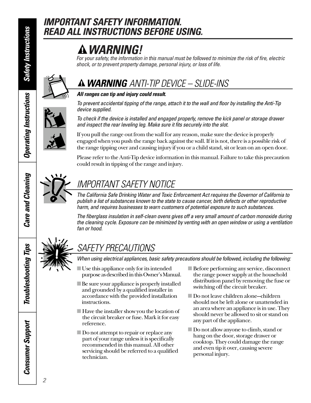 GE JG966, JSP36, JD966 owner manual Important Safety Notice, All ranges can tip and injury could result 