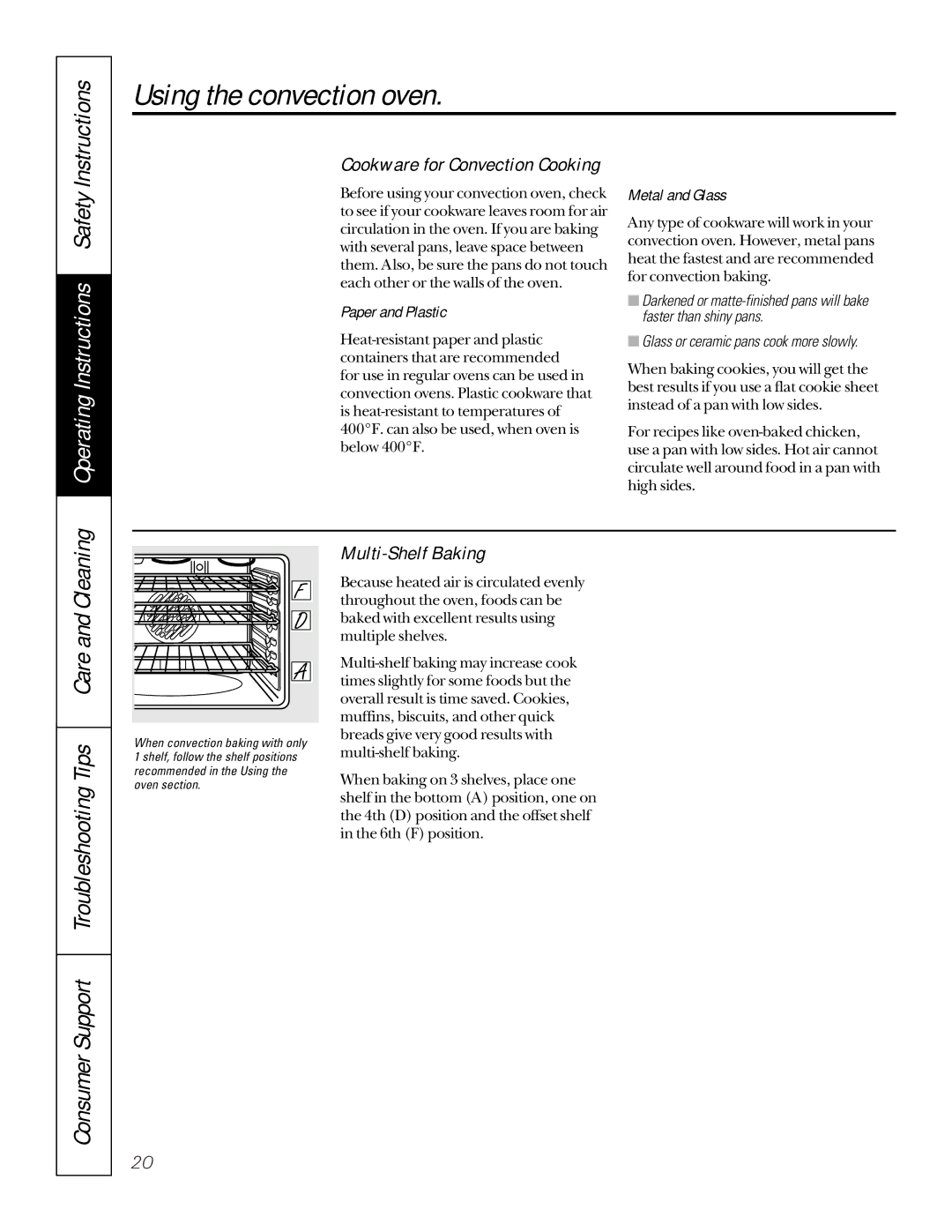 GE JG966 Consumer Support Troubleshooting Tips Care and Cleaning, Multi-Shelf Baking, Cookware for Convection Cooking 