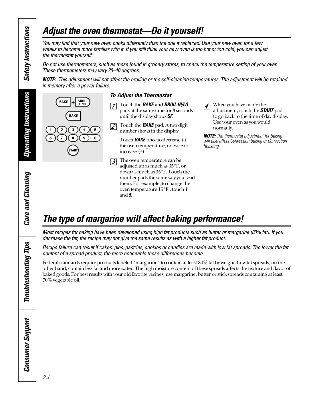 GE JSP36 Adjust the oven thermostat-Do it yourself, Type of margarine will affect baking performance, Safety Instructions 