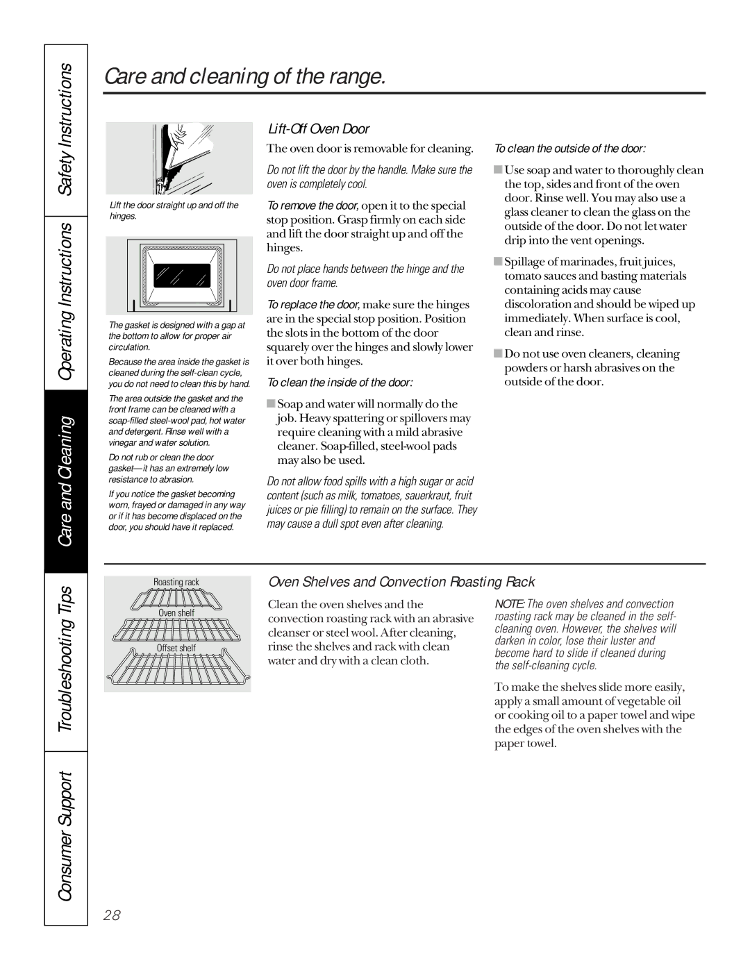 GE JD966, JSP36 Care and Cleaning Operating Instructions Safety, Consumer Support Troubleshooting Tips, Lift-Off Oven Door 