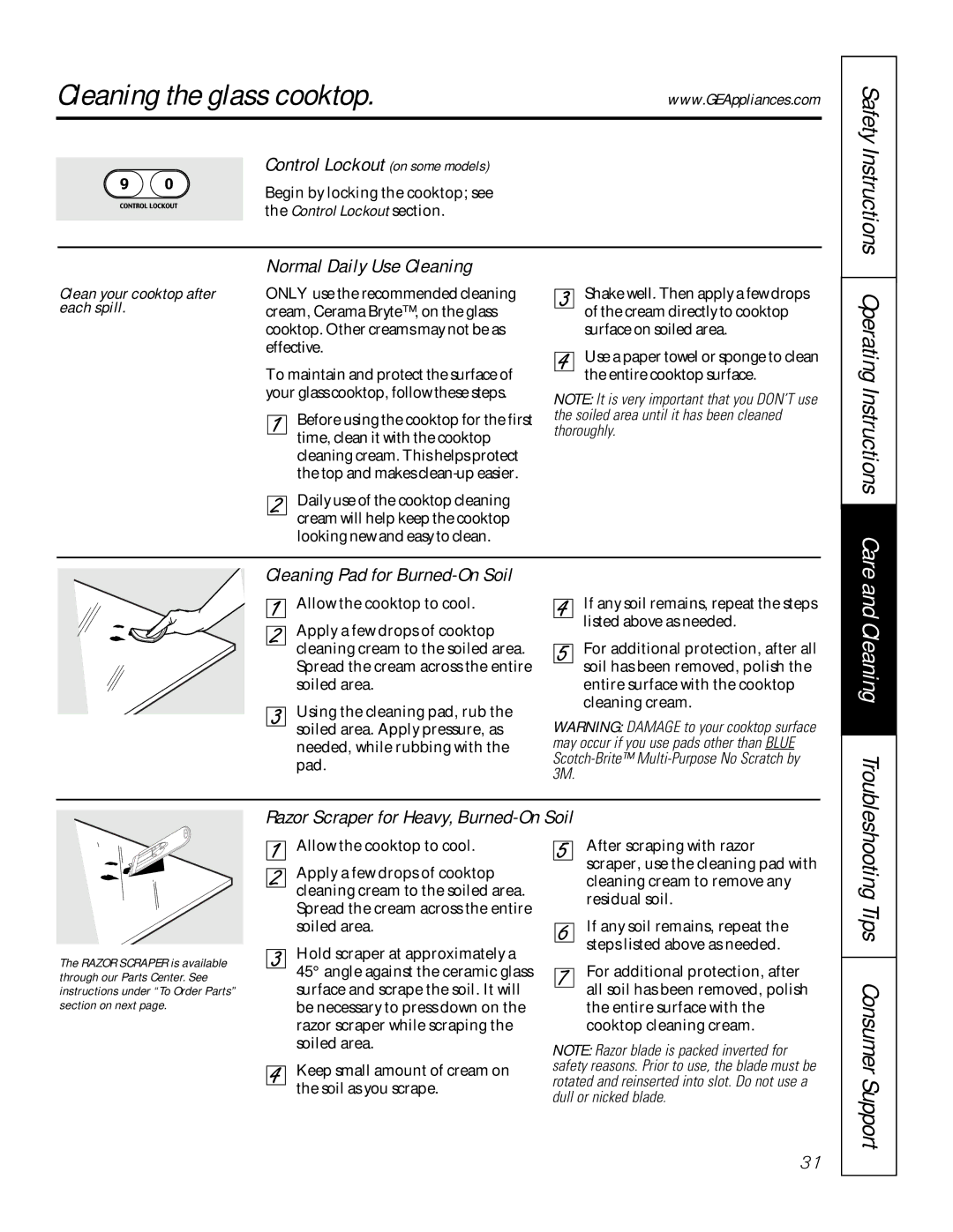 GE JD966, JSP36, JG966 owner manual Cleaning the glass cooktop, Normal Daily Use Cleaning, Cleaning Pad for Burned-On Soil 