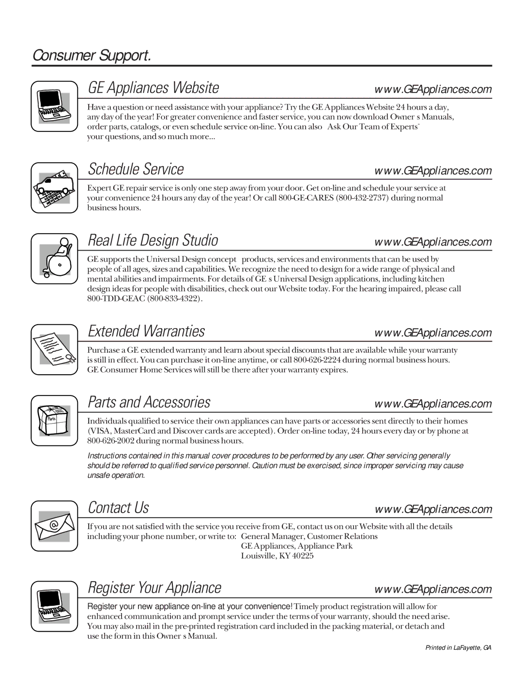 GE JD966, JSP36 Consumer Support GE Appliances Website, Schedule Service, Real Life Design Studio, Extended Warranties 