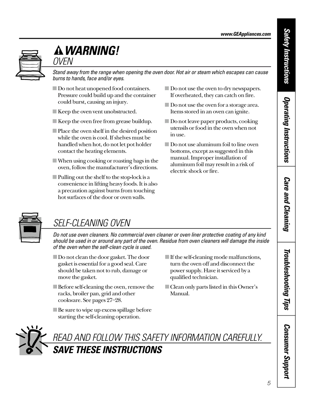 GE JG966, JSP36, JD966 owner manual Troubleshooting Tips, Consumer Support, Operating Instructions Care and Cleaning 