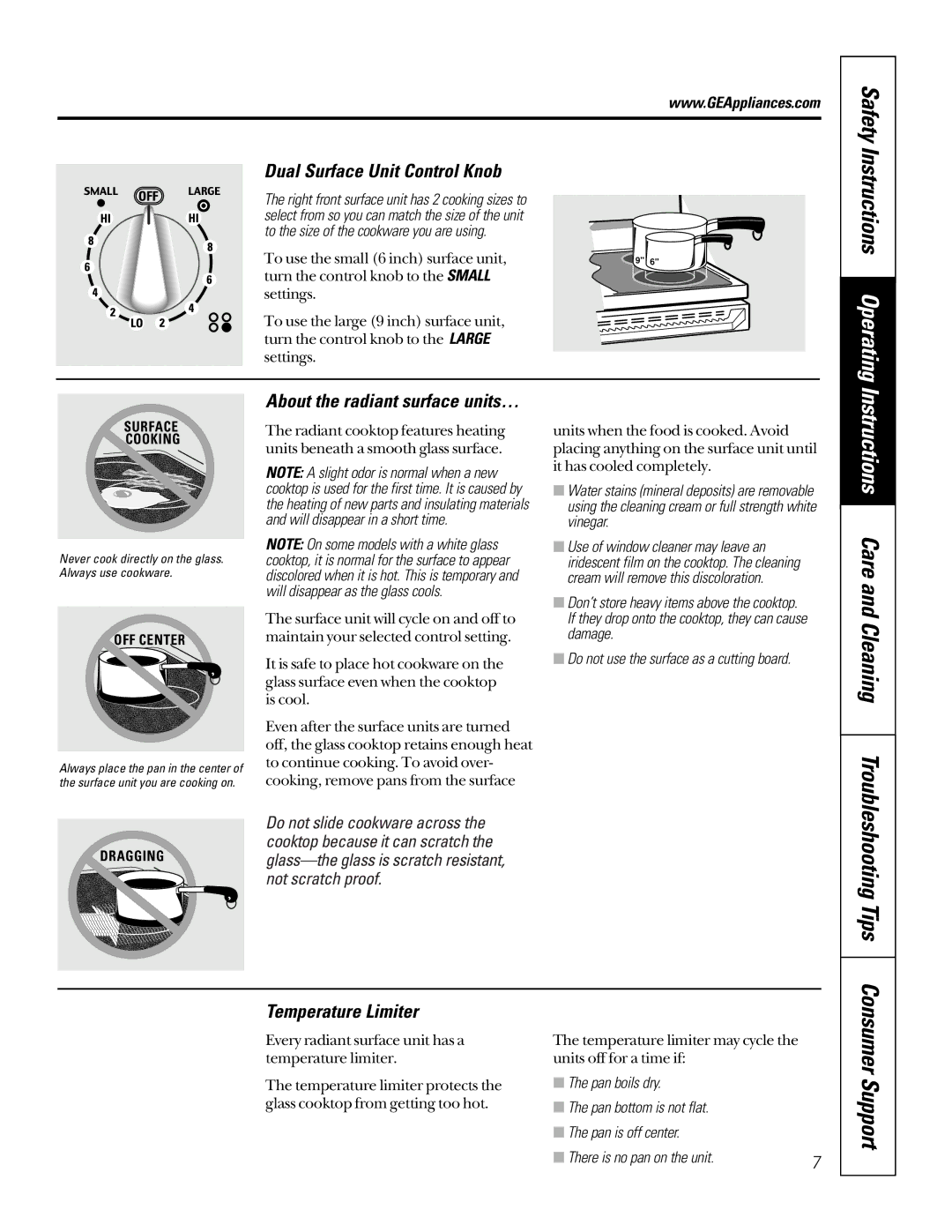 GE JD966, JSP36, JG966 Safety Instructions Operating, Instructions Care and Cleaning, Dual Surface Unit Control Knob 