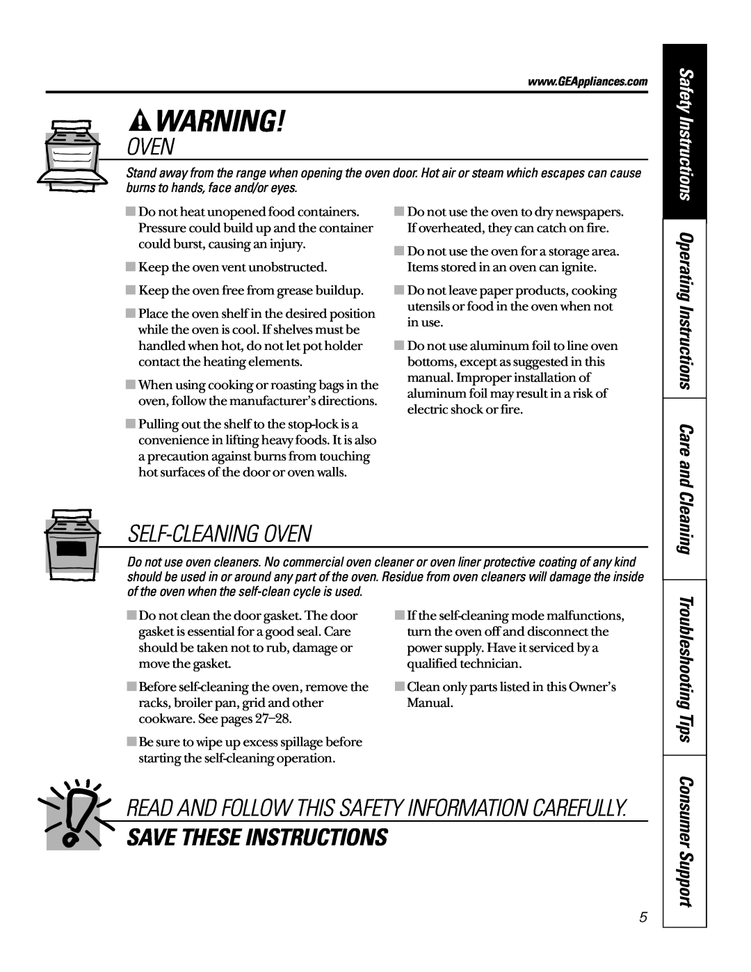 GE JG966 Self-Cleaning Oven, Save These Instructions, Troubleshooting Tips, Consumer Support, Safety Instructions 
