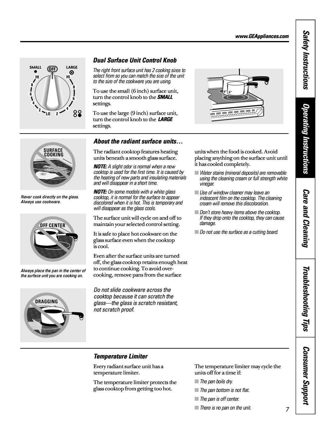 GE JD966 Safety Instructions Operating, Instructions Care and Cleaning, Dual Surface Unit Control Knob, Consumer Support 