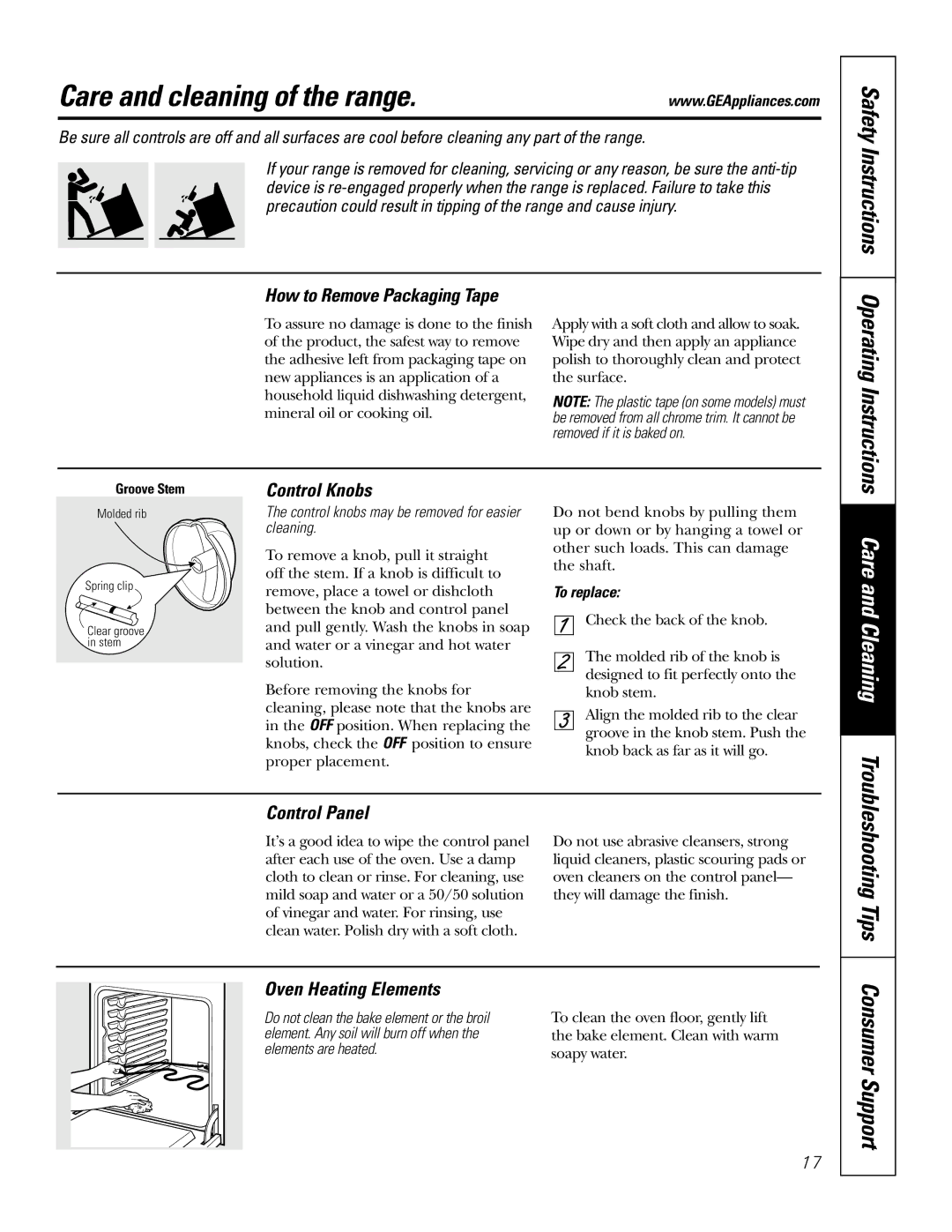 GE JSP39 Care and cleaning of the range, How to Remove Packaging Tape, Control Knobs, Control Panel, Oven Heating Elements 