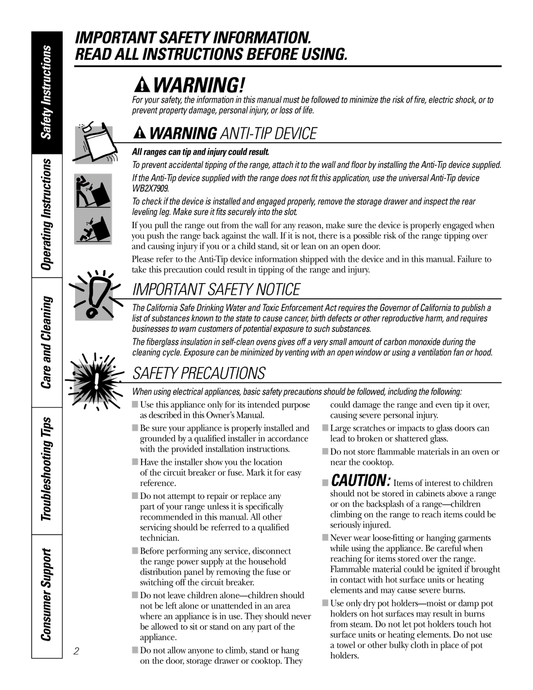 GE JSP39 owner manual Consumer Support Troubleshooting Tips, All ranges can tip and injury could result 