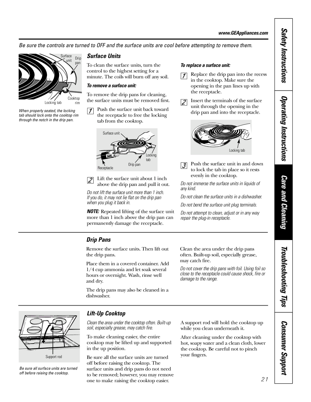 GE JSP39 Instructions, Surface Units, Drip Pans, Lift-Up Cooktop, To remove a surface unit To replace a surface unit 