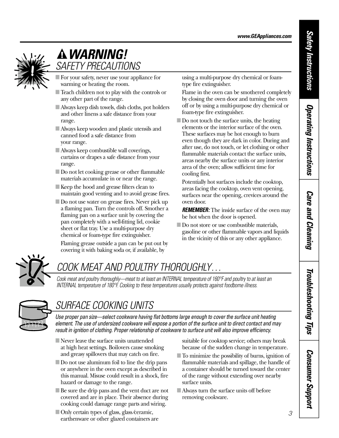 GE JSP39 owner manual Consumer Support, Operating Instructions Care and Cleaning, Troubleshooting Tips 