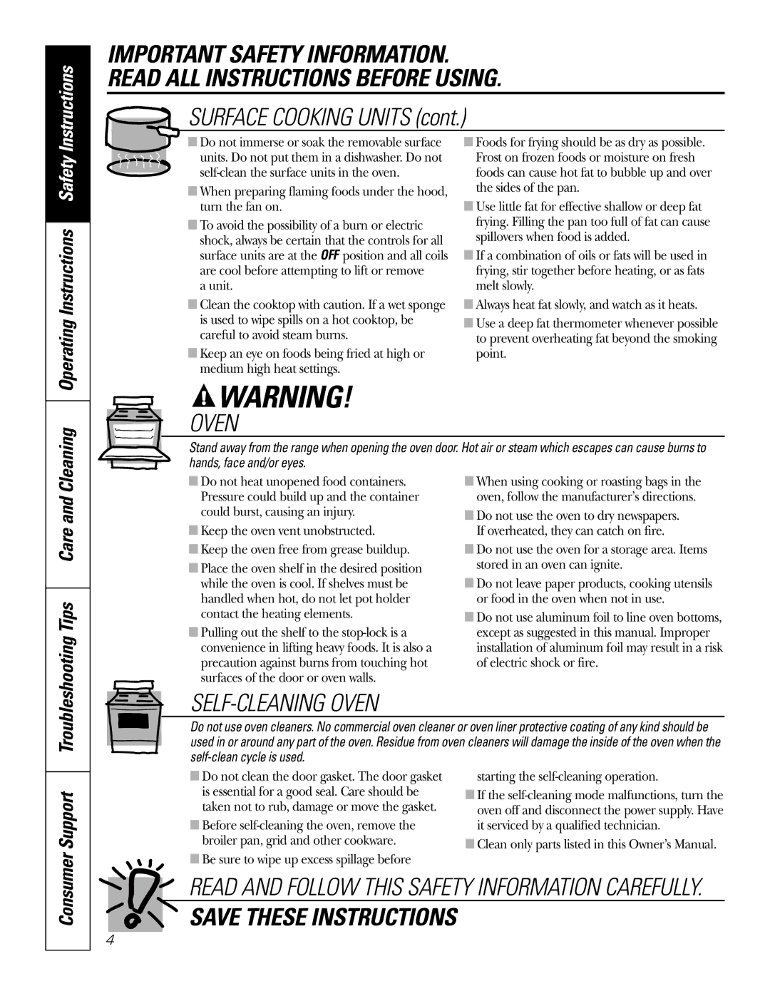 GE JSP39 owner manual Cleaning, Tips Care, Support, Operating Instructions Safety, Consumer 