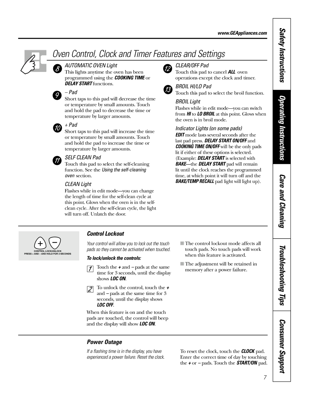 GE JSP39 owner manual Instructions Care and Cleaning, Troubleshooting Tips Consumer, Control Lockout, Power Outage 