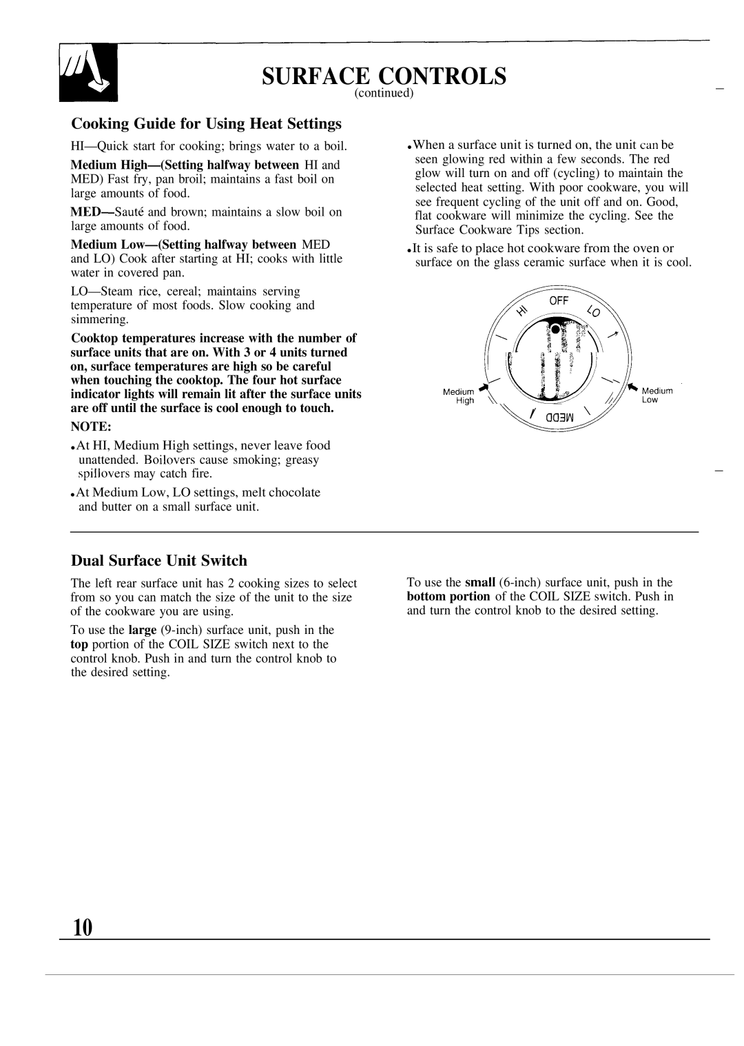 GE JSP40, JSP38 Cooking Guide for Using Heat Settings, Dual Surface Unit Switch, ~.o, # Gqj ‘?,-+ ‘e,, titi’’% ’’ Ogfl 