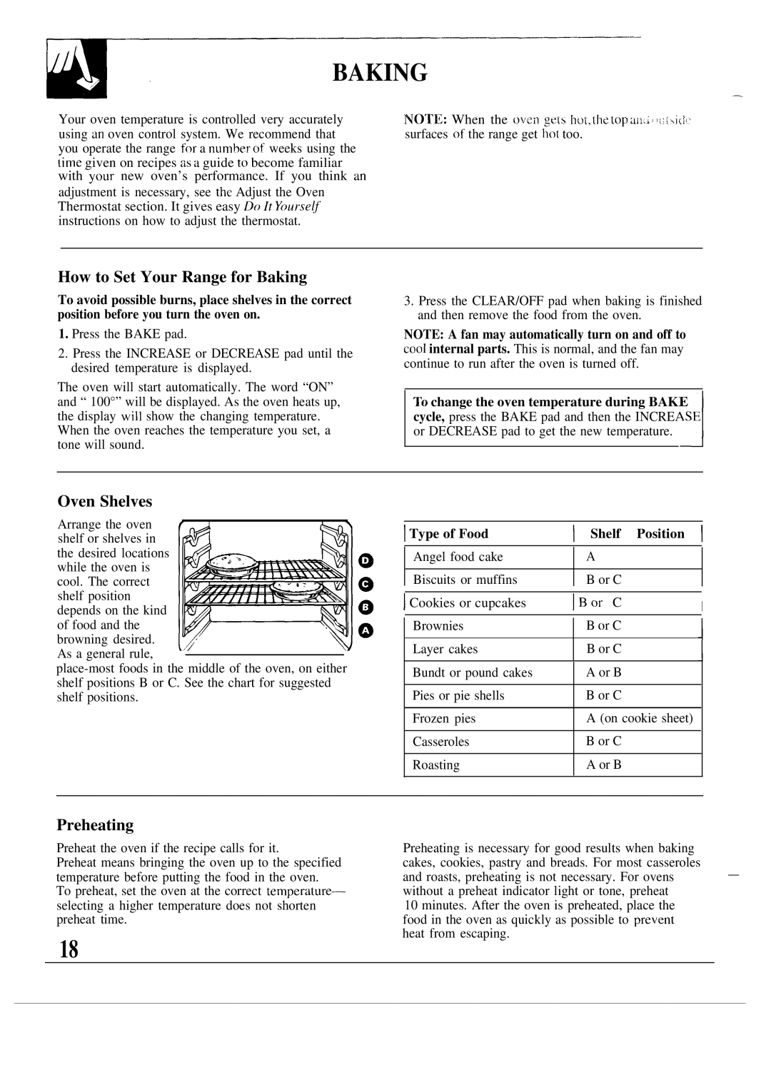 GE JSP40, JSP38 warranty How to Set Your Range for Baking, Preheating, Type of Food \ Shelf Position 