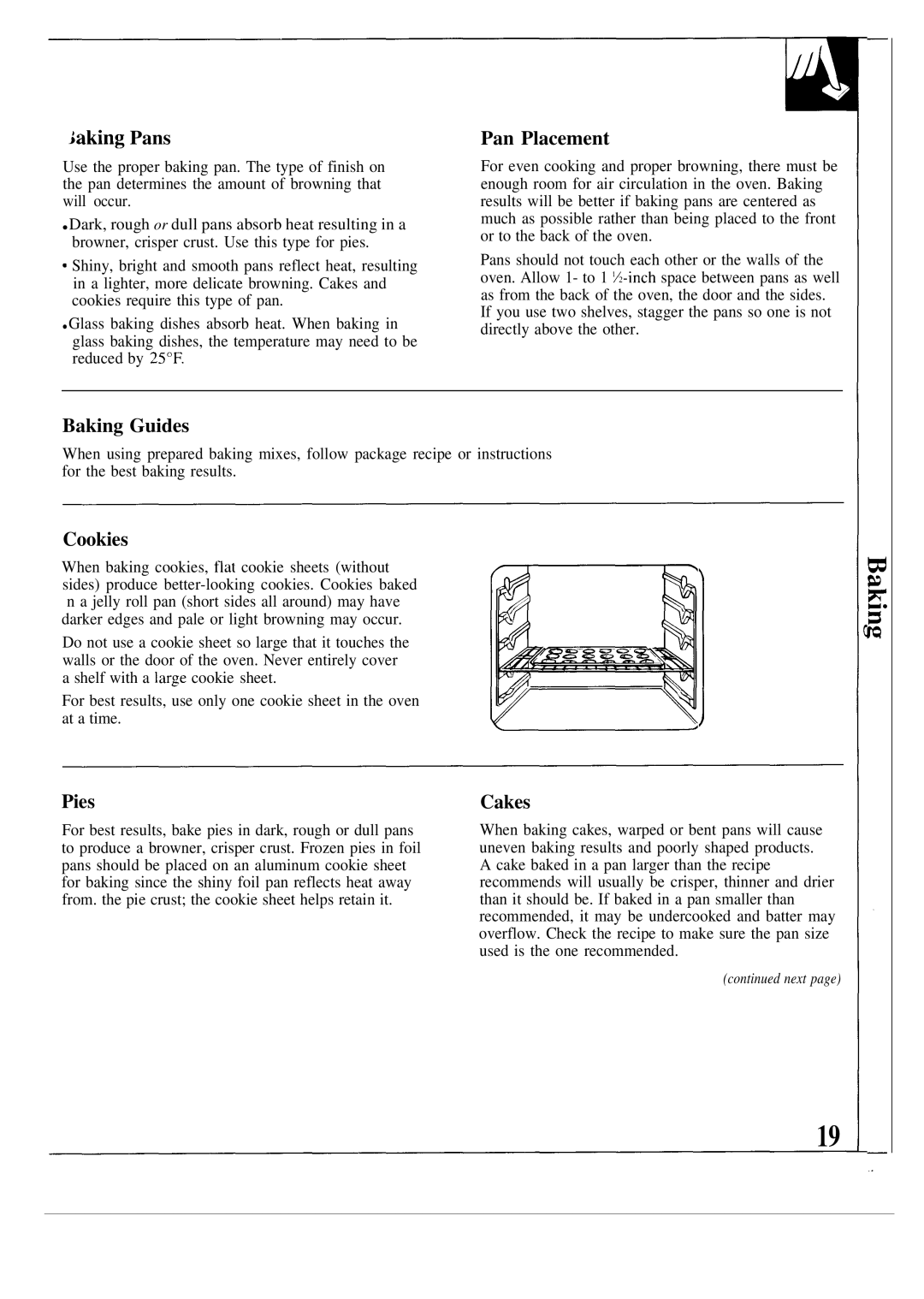 GE JSP38, JSP40 warranty Jaking Pans, Pan Placement, Baking Guides, Cookies, Pies, Cakes 