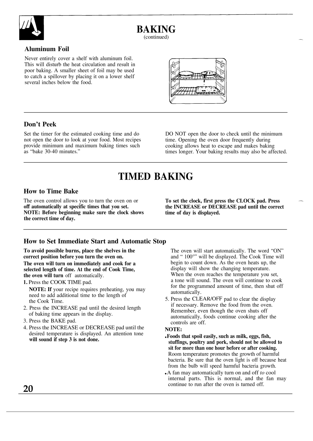 GE JSP40, JSP38 Timed Baking, Aluminum Foil, Don’t Peek, How to Time Bake, How to Set Immediate Start and Automatic Stop 