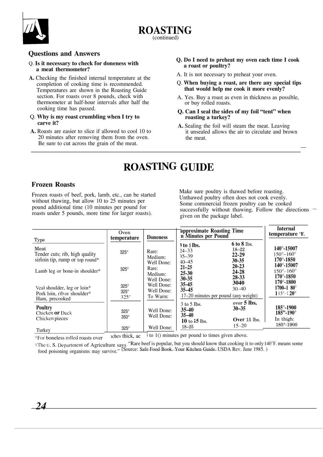 GE JSP40, JSP38 warranty Questions and Answers, Frozen Roasts 