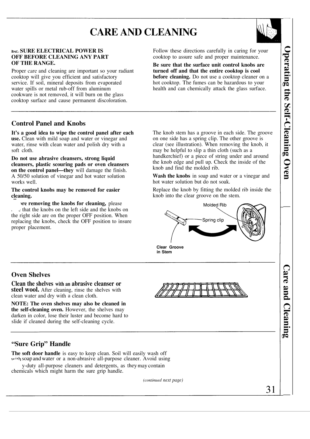 GE JSP38, JSP40 Control Panel and Knobs, Oven Shelves Clean the shelves with an abrasive cleanser or, Sure Grip Handle 